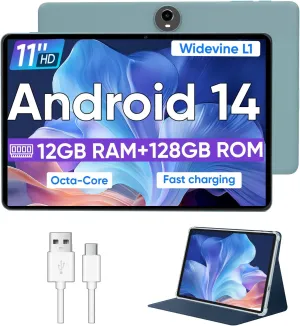 Android 14 Tablet,11 Inch Tablets with Octa Core Processor, 12GB RAM   128GB ROM 1TB Expand, Widevine L1, 8000mAh Battery, 2.4/5Ghz Dual Band WiFi/GPS/FM Radio,5/8MP Cameras, Case Included - Blue