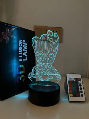 Anime Groot Baby 3D Lamp, LED Illusion Night Light 16 Color Changing with Remote for Kids,Bedroom Decor Bedside lamp, Figure Groot Table lamp Birthday Christmas Gifts (Black Base 1)