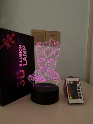 Anime Groot Baby 3D Lamp, LED Illusion Night Light 16 Color Changing with Remote for Kids,Bedroom Decor Bedside lamp, Figure Groot Table lamp Birthday Christmas Gifts (Black Base 2)