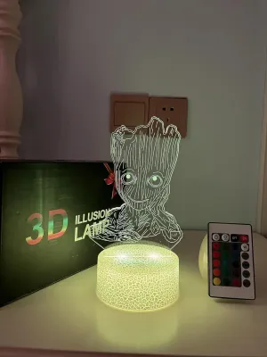 Anime Groot Baby 3D Lamp, LED Illusion Night Light 16 Color Changing with Remote for Kids,Bedroom Decor Bedside lamp, Figure Groot Table lamp Birthday Christmas Gifts (Cracked Base 1)