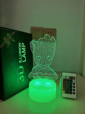 Anime Groot Baby 3D Lamp, LED Illusion Night Light 16 Color Changing with Remote for Kids,Bedroom Decor Bedside lamp, Figure Groot Table lamp Birthday Christmas Gifts (Cracked Base 2)