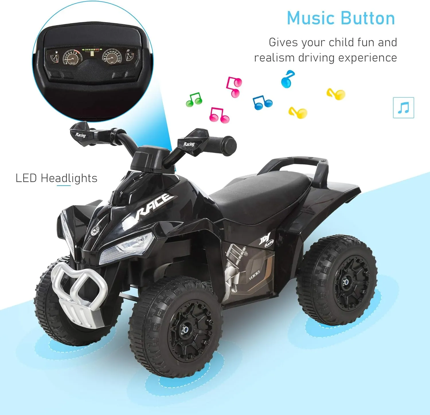 Aosom NO Power Kids Ride On Push Car, Ride Racer, Foot-to-Floor Sliding Car, Walking ATV Toy with Music, Lights, for 1.5-3 Years Old, Black