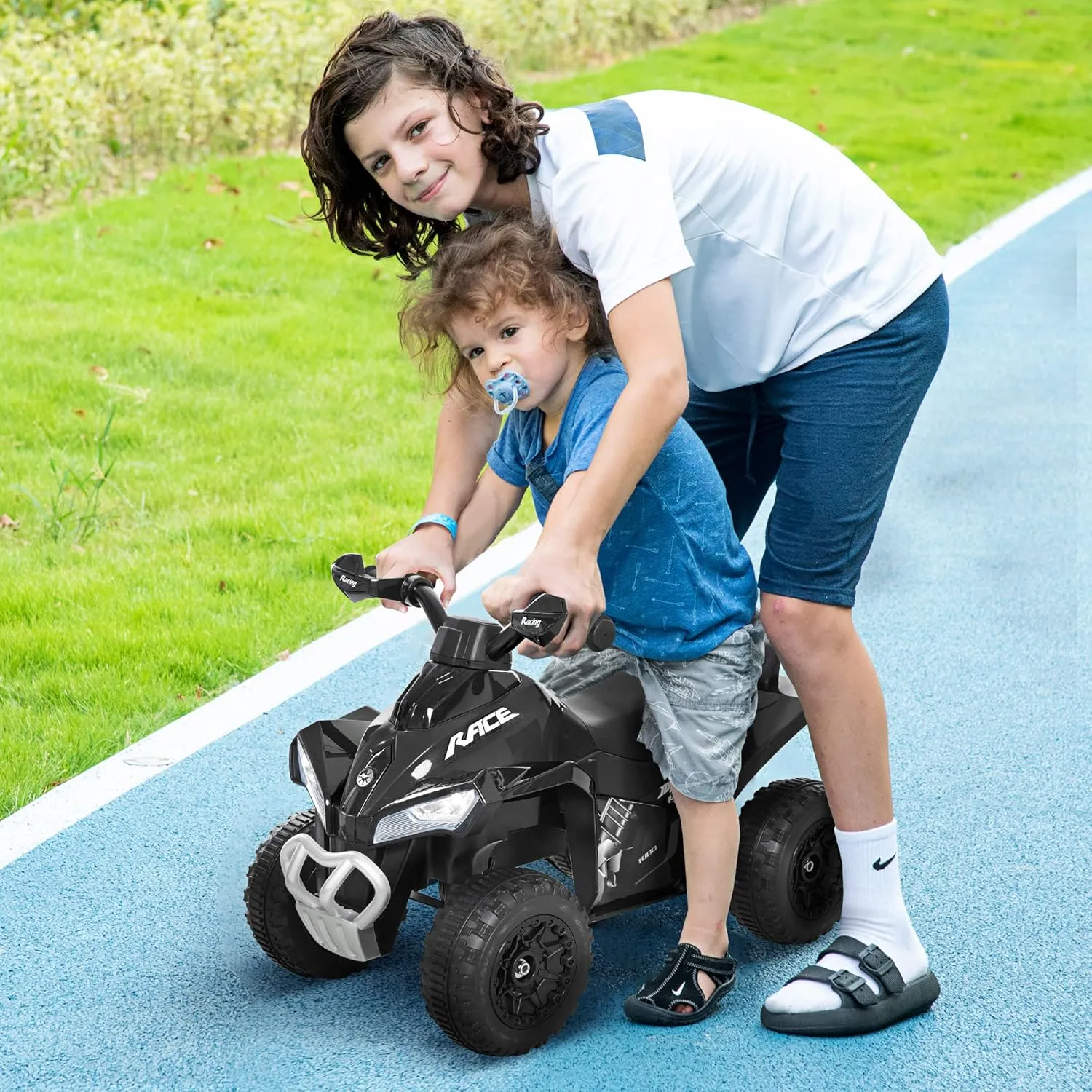Aosom NO Power Kids Ride On Push Car, Ride Racer, Foot-to-Floor Sliding Car, Walking ATV Toy with Music, Lights, for 1.5-3 Years Old, Black