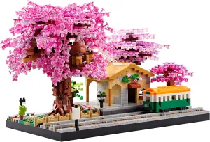 Architecture Japanese Cherry Blossom Tree Flowers Sets for Girls Sakura Tree House Micro Blocks Collectible Building Model Kit (with 2 figures) Mini Bricks Toys Gifts