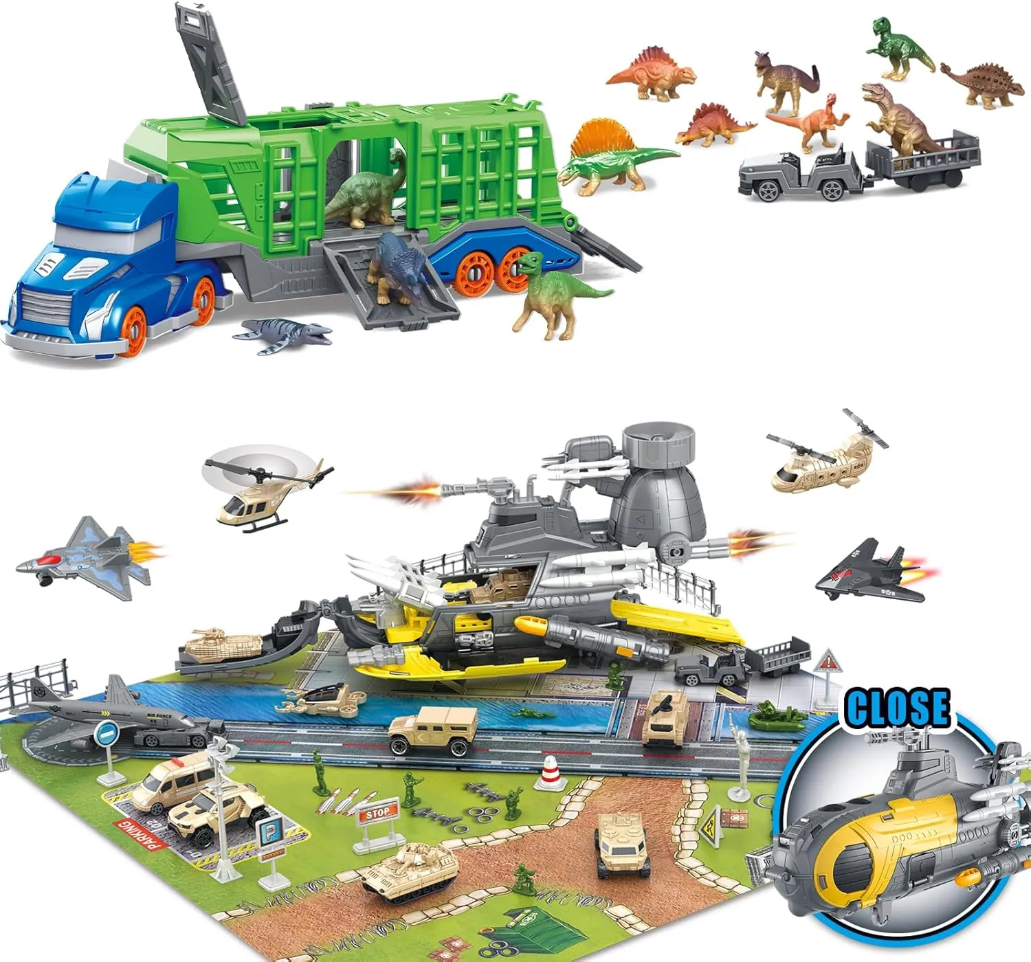 Army Toys, Military Base Airplane Tank Toy Sets with Vehicles Trucks, Helicopter, 13 in 1 Dinosaur Toys for Kids 3-5, Carrier Truck Toys for Kids