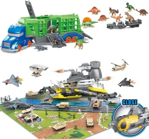 Army Toys, Military Base Airplane Tank Toy Sets with Vehicles Trucks, Helicopter, 13 in 1 Dinosaur Toys for Kids 3-5, Carrier Truck Toys for Kids