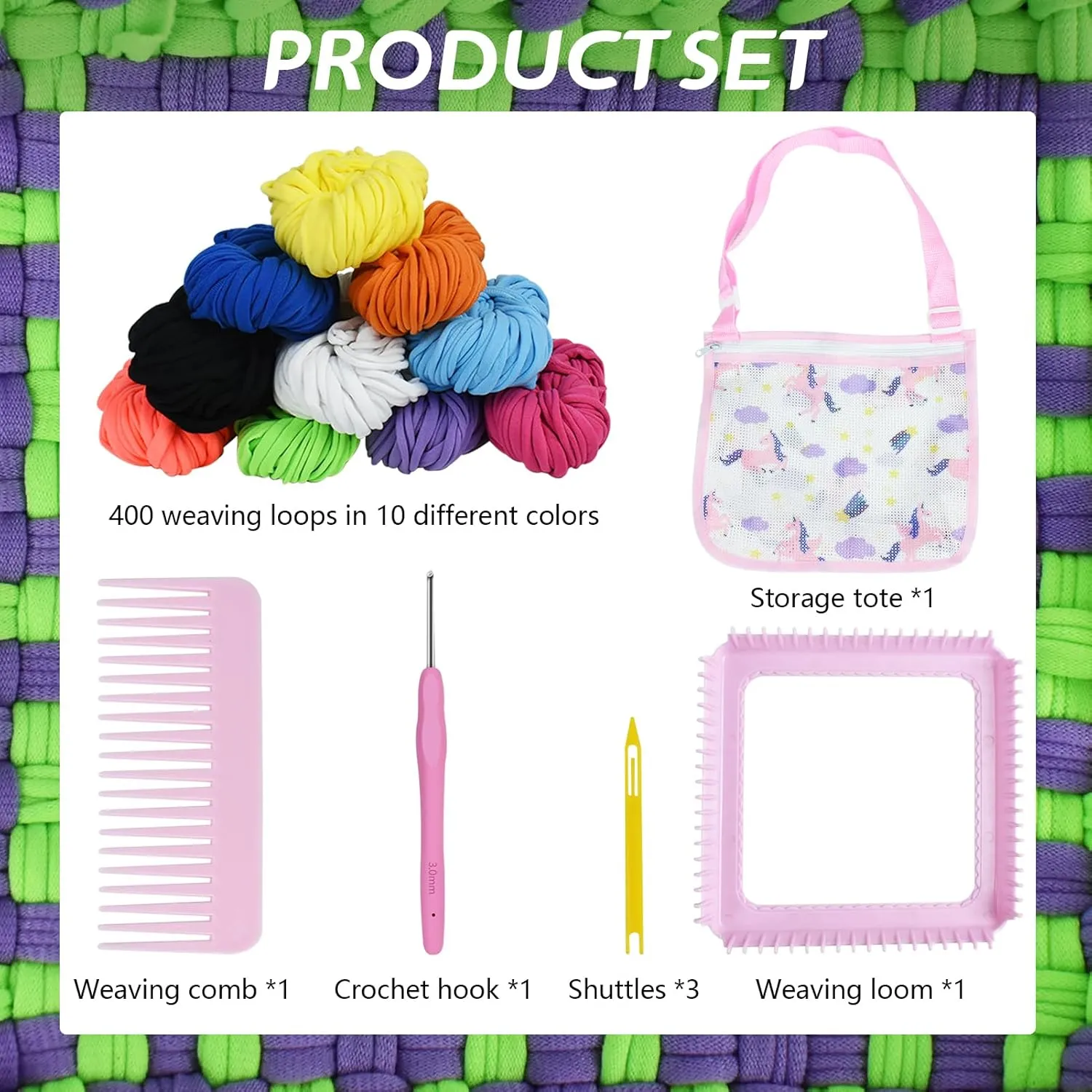 Artcome Pot Holder Weaving Loom Kit with 400 Weaving Loops of 10 Colors, Metal Crochet Hook, Shuttle, Weaving Comb, Storage Hand Bag - Potholder Loom Kit for Girls and Adults - Ideal Gift (Pink)