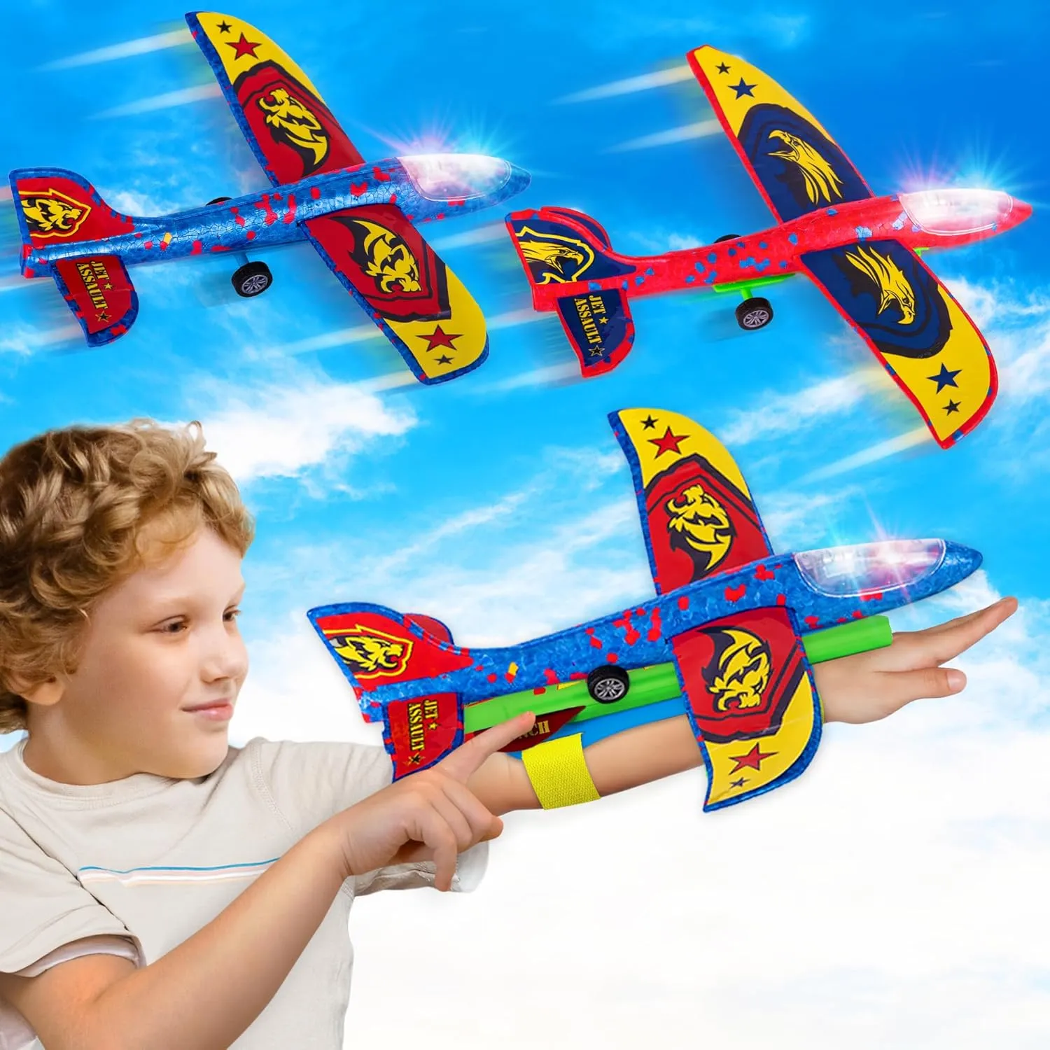 ArtCreativity Airplane Launcher Toy for Kids - 2 Glider Planes and 2 Arm Launchers - Foam Airplane Launcher for Kids with Motion Activated Lights and Stickers for Boys Ages 5 6 7