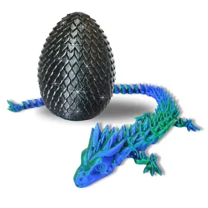 Articulated Dragon With Egg - 20" - Blue/Green With Black Egg - 3D Printed Dragon With Egg - Fidget Dragon Egg & 3D Dragon - Toy Dragon Eggs With Figures - Fidget Toys