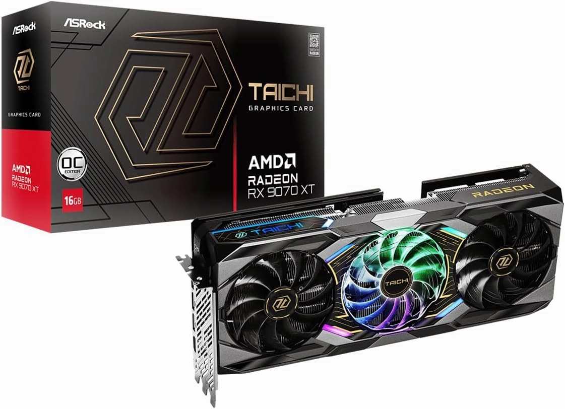 ASRock AMD Radeon RX 9070 XT Taichi 16GB OC 3100 MHz 20 Gbps GPU GDDR6 256Bit PCIe5.0 Dual BIOS 850W RT AI Accelerators 3X Cooling System HDMI2.1b DP2.1a Graphics Card 12V-2x6-pin Power Connectors