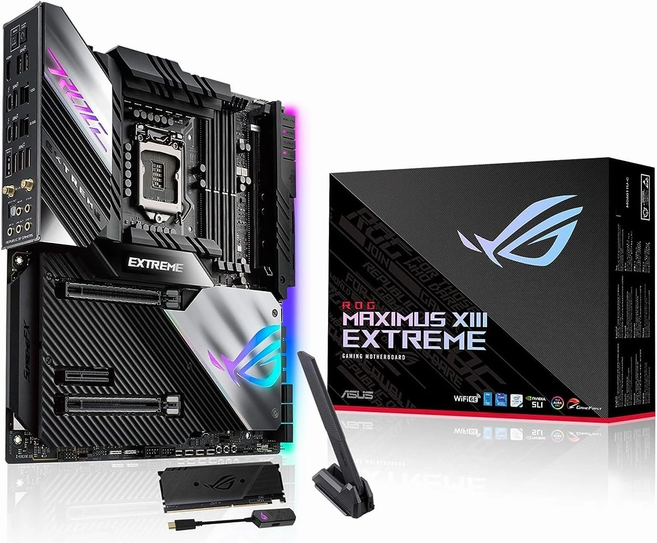 Asus ROG Maximus XIII Extreme (WiFi 6E) Z590 LGA 1200(Intel® 11th/10th Gen) EATX gaming motherboard (PCIe 4.0, 18 2 power stages, 5X M.2 slots, 10 Gb &2.5Gb LAN,Thunderbolt 4, 1.77” Livedash OLED)