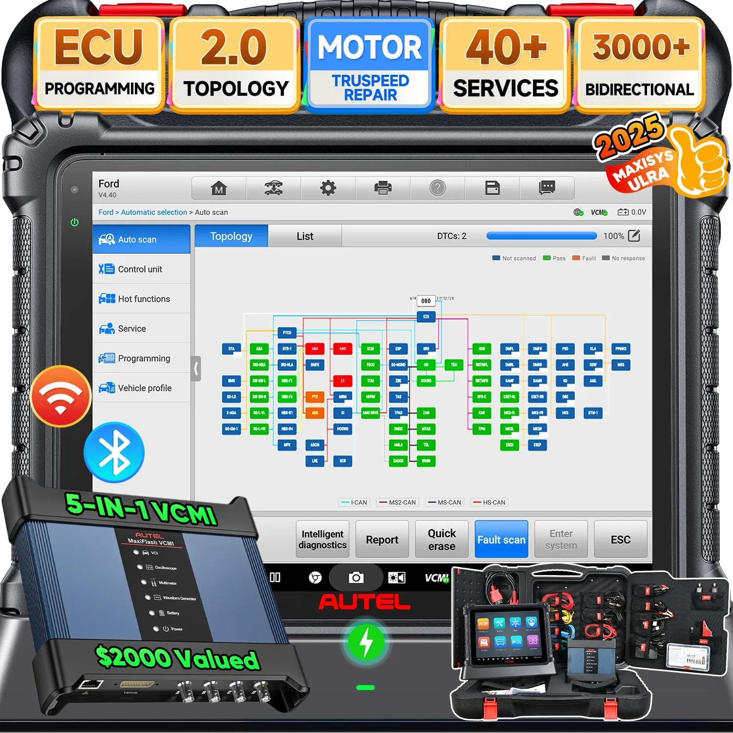 Autel MaxiSys Ultra Scanner: 2025 MSULTRA Top1 Intelligent Scan Tool, Topology 2.0, Up of MS919 MS909 Ultra Lite, 2000$ 5-in-1 VCMI, Motor Truspeed, ECU Programming, 40  Reset, 3K  Active Test, OE TSB