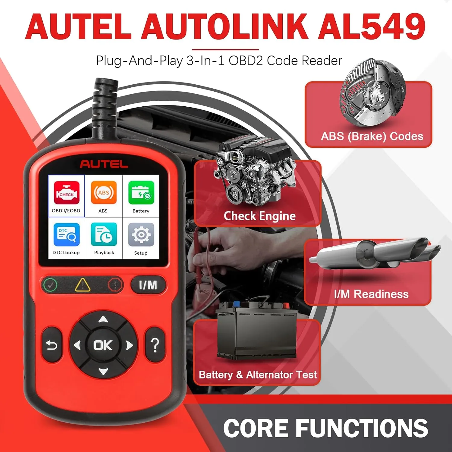 Autel OBD2 Scanner AutoLink AL549: 2025 Check Engine Code Reader ABS Diagnostic Tool, Universal Car Battery & Alternator Test, Upgrade Ver. of Autel AL519 MaxiLink ML519 OBDII CAN Diagnostic Scan Tool