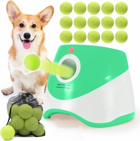 Automatic Ball Launcher for Small Dogs, USB Rechargeable Ball Thrower,10-30 Ft, Indoor& Outdoor Tennis Ball Thrower, 15PCS Mini Tennis Balls Included