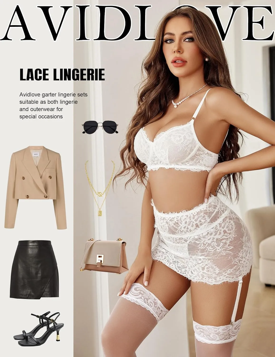 Avidlove Lingerie for Women Naughty 3 Piece Lace Garter Belt Bra And Panty Lingerie Set
