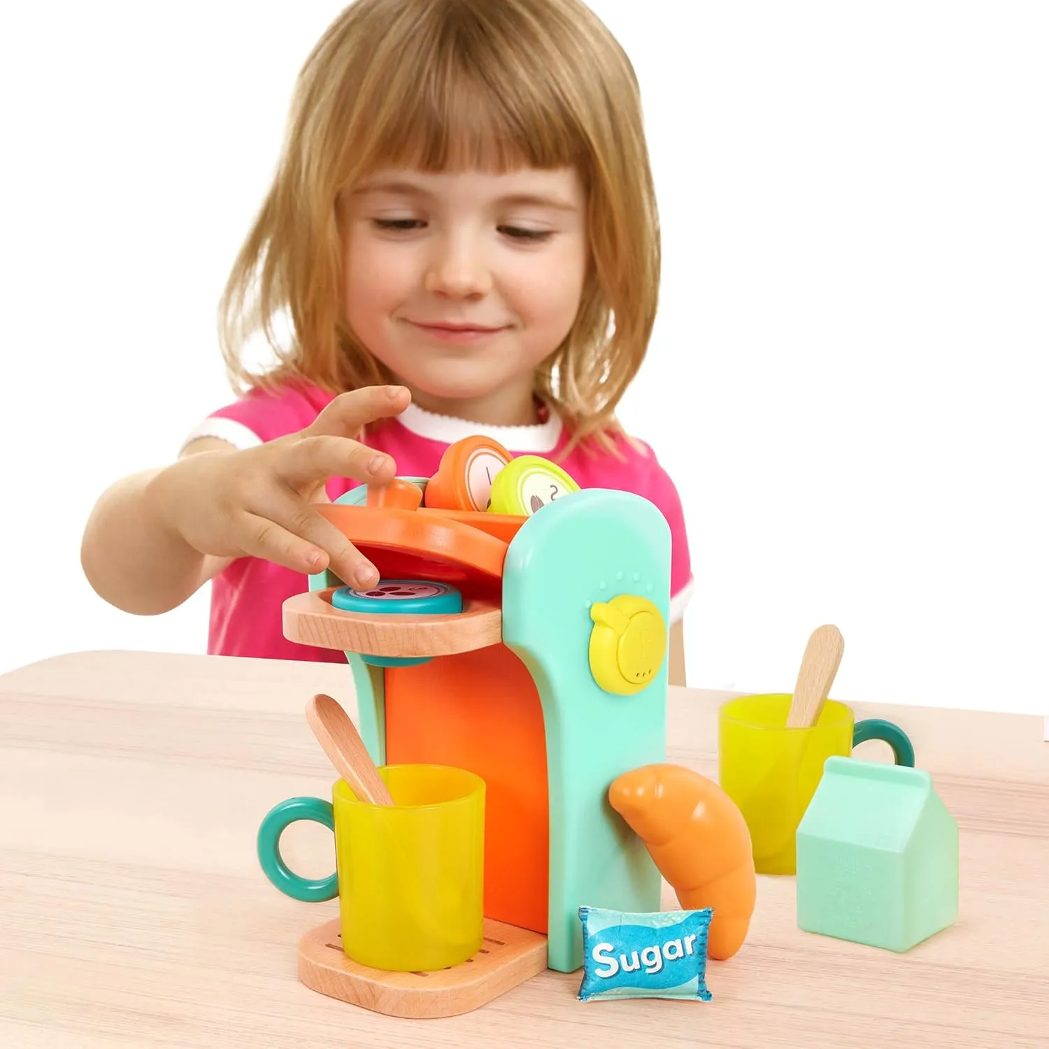 B. toys- Café au Play- Pretend Play Wooden Coffee Maker for Kids- Wooden Coffee Machine Set – 10 Pretend Play Accessories – Kitchen Play Set – 2 Years  