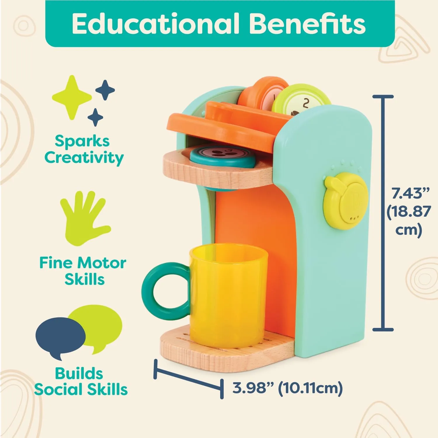 B. toys- Café au Play- Pretend Play Wooden Coffee Maker for Kids- Wooden Coffee Machine Set – 10 Pretend Play Accessories – Kitchen Play Set – 2 Years  