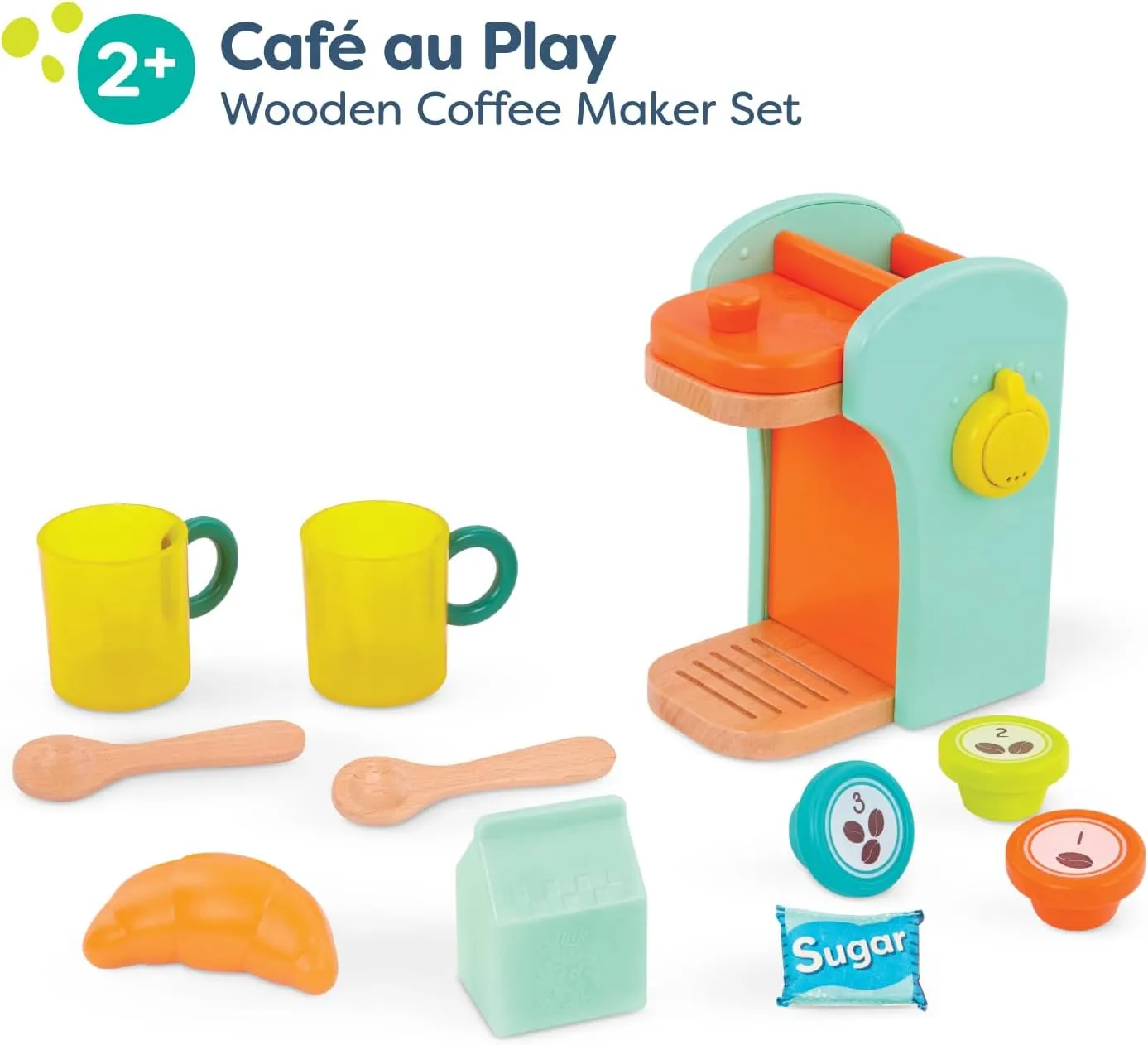 B. toys- Café au Play- Pretend Play Wooden Coffee Maker for Kids- Wooden Coffee Machine Set – 10 Pretend Play Accessories – Kitchen Play Set – 2 Years  