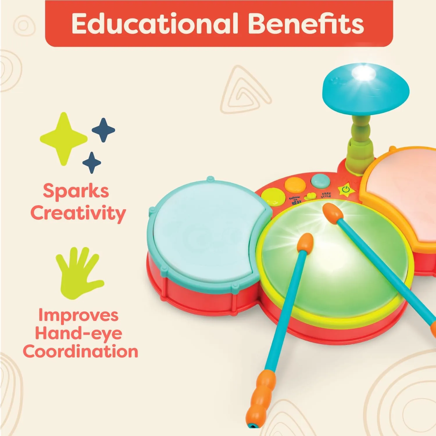 B. toys- Little Beats Kids Drum Set - Musical Instrument – Instruments for Toddlers – Music & Lights – 2 Years  