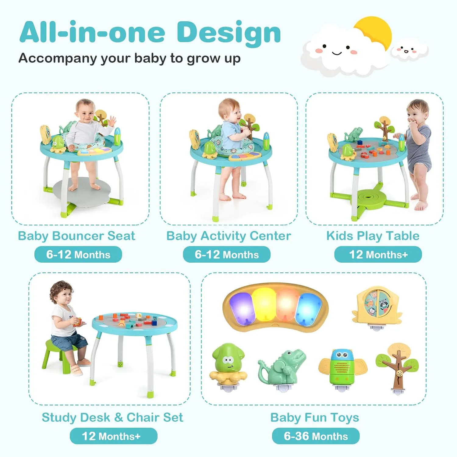 BABY JOY 5 in 1 Baby Activity Center, Baby Jumpers and Bouncers with Removable Toys, Lights & Music, 3 Adjustable Heights, Interactive Play Center for Toddlers Boys Girls 6-36 Months (Blue)