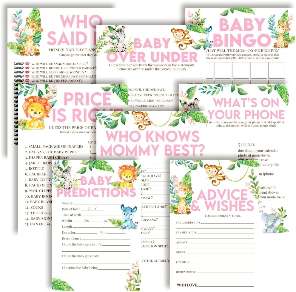 Baby Shower Games 8 Game Set Watercolor Jungle Animals Girl 80 Double-Sided Cards for 20 Guests. Baby Shower Bingo, Baby Predictions & Activities for Guests. Baby Shower Theme for Girl