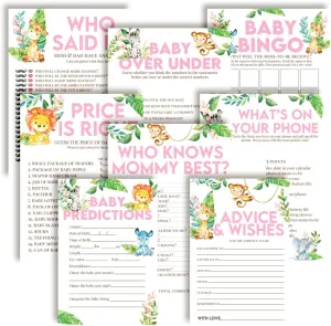 Baby Shower Games 8 Game Set Watercolor Jungle Animals Girl 80 Double-Sided Cards for 20 Guests. Baby Shower Bingo, Baby Predictions & Activities for Guests. Baby Shower Theme for Girl