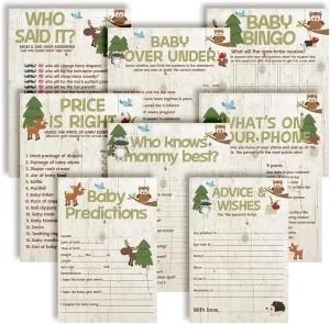 Baby Shower Games 8 Game Set Woodland Forest Animals 80 Double-Sided Cards for 20 Guests. Baby Shower Bingo, Baby Predictions & Activities for Guests. Gender Neutral Theme for Girl or Boy