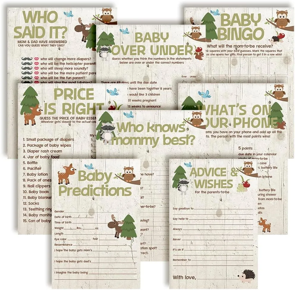 Baby Shower Games 8 Game Set Woodland Forest Animals 80 Double-Sided Cards for 20 Guests. Baby Shower Bingo, Baby Predictions & Activities for Guests. Gender Neutral Theme for Girl or Boy