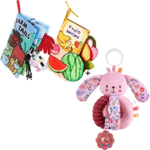 Baby Soft Cloth Crinkle Sensory Books 0-6 to 12 Months 2PCS and Stroller Hanging Car Seat Plush Toys for Infants 0-2-3-4-5-6-12 Months, Newborn Boy Girl Shower Gifts