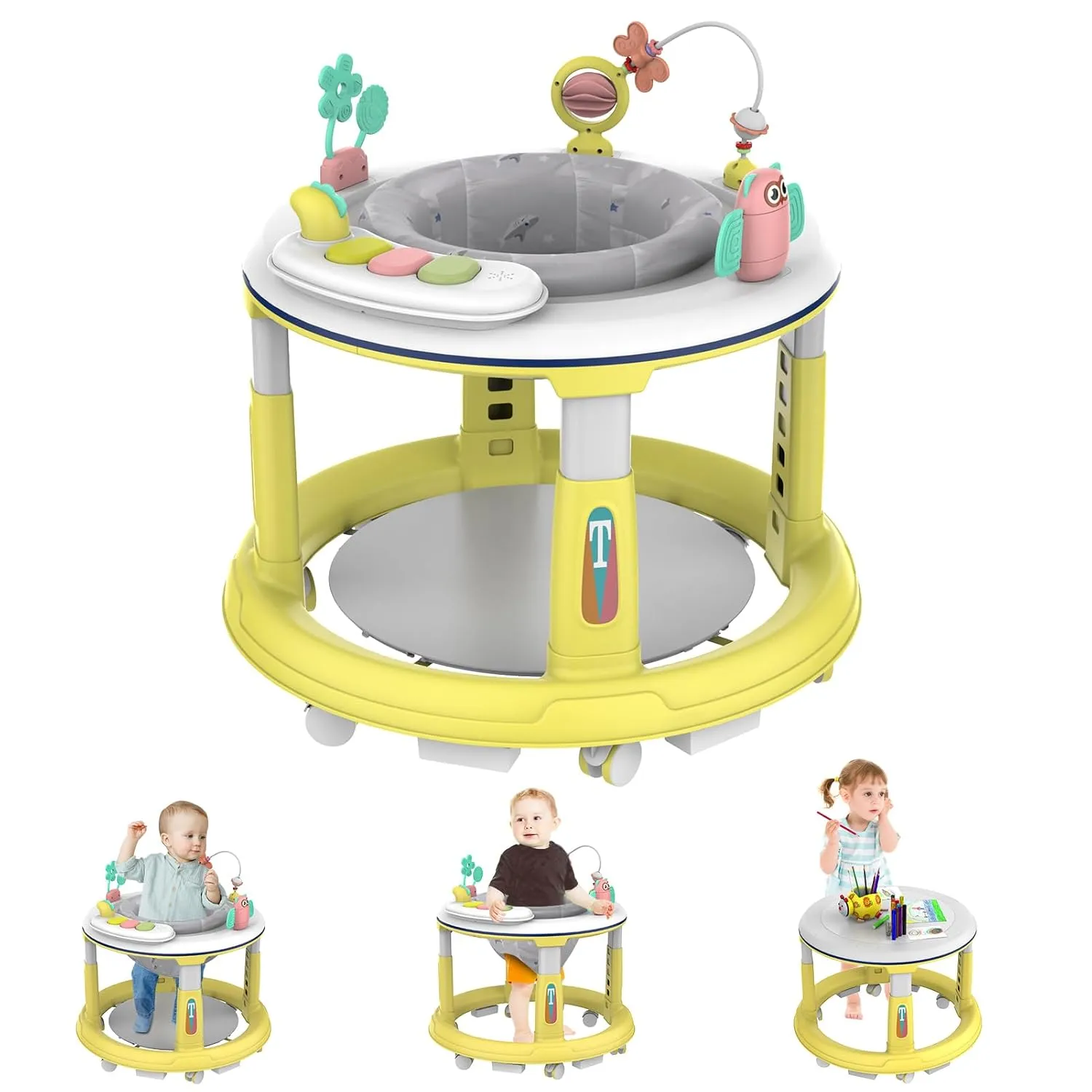 Baby Walker with Wheels, Infant Walking Assistant with Music, and Lights, 5 Adjustable Heights for Baby Walking Support, Detachable Toys, Bounce Foot Pad, for Boys and Girls 6-12 Months