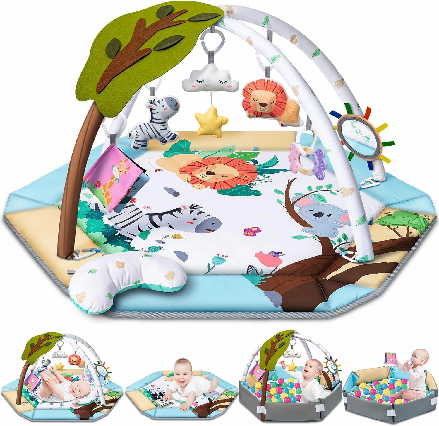 Baby Gym Play Mat, 8-in-1 Tummy Time Mat & Ball Pit with 6 Toys, Washable Baby Activity Play Mat for Visual, Hearing, Sensory, Motor Development, Baby Toys Gift for Toddler Infant 0-3-6-9-12 Month