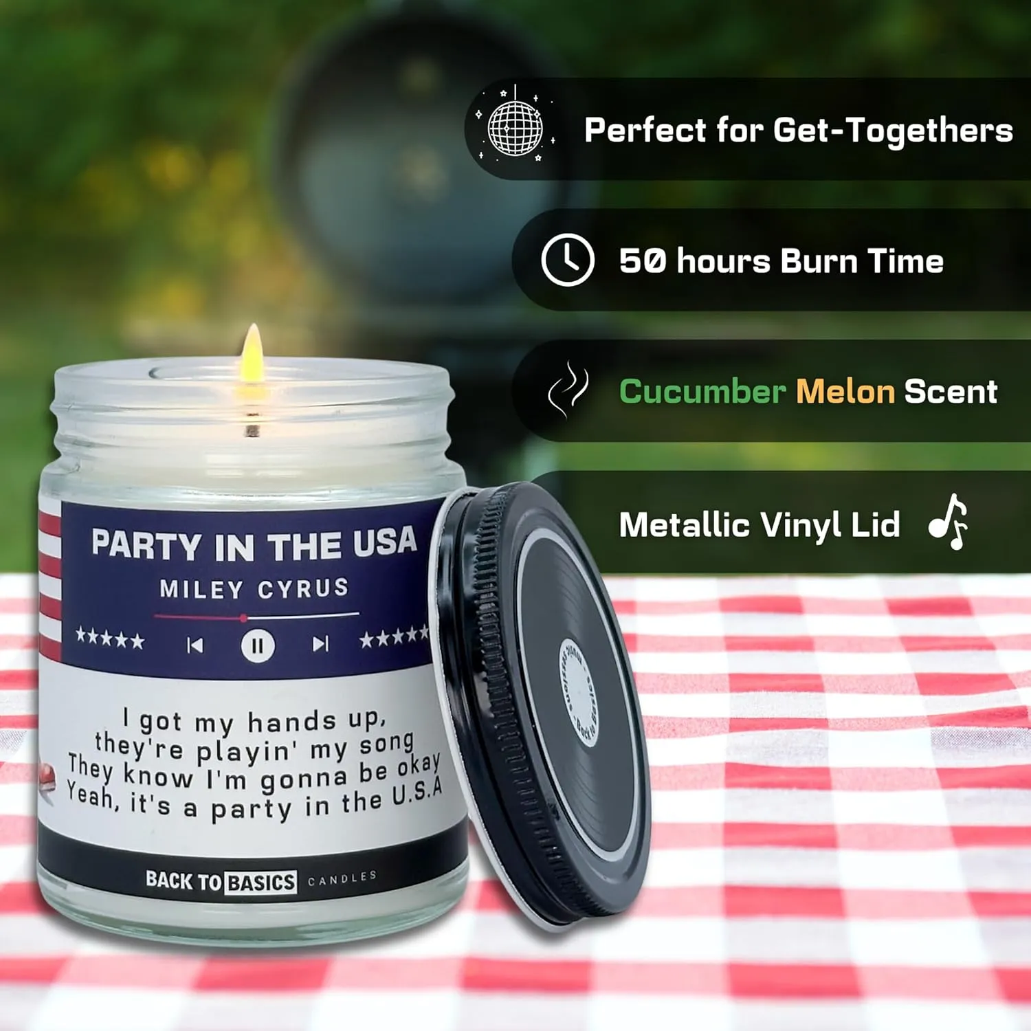 Back to Basics Candles | Party in The USA - 9oz Soy Wax Cucumber Melon Scented Candle for Home Decor, Birthday Gifts for Women, Men, Best Friend | Relaxing Aromatherapy Made in USA