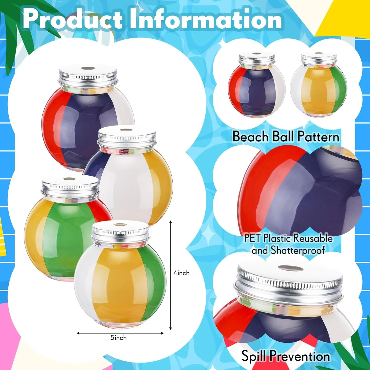 Baderke 12 Set Beach Ball Cups with Straws and Lids 10oz Plastic Beach Ball Shape Cups Bulk Sports Theme Bottle for Drink Birthday Sports Party Favors Decor Supplies