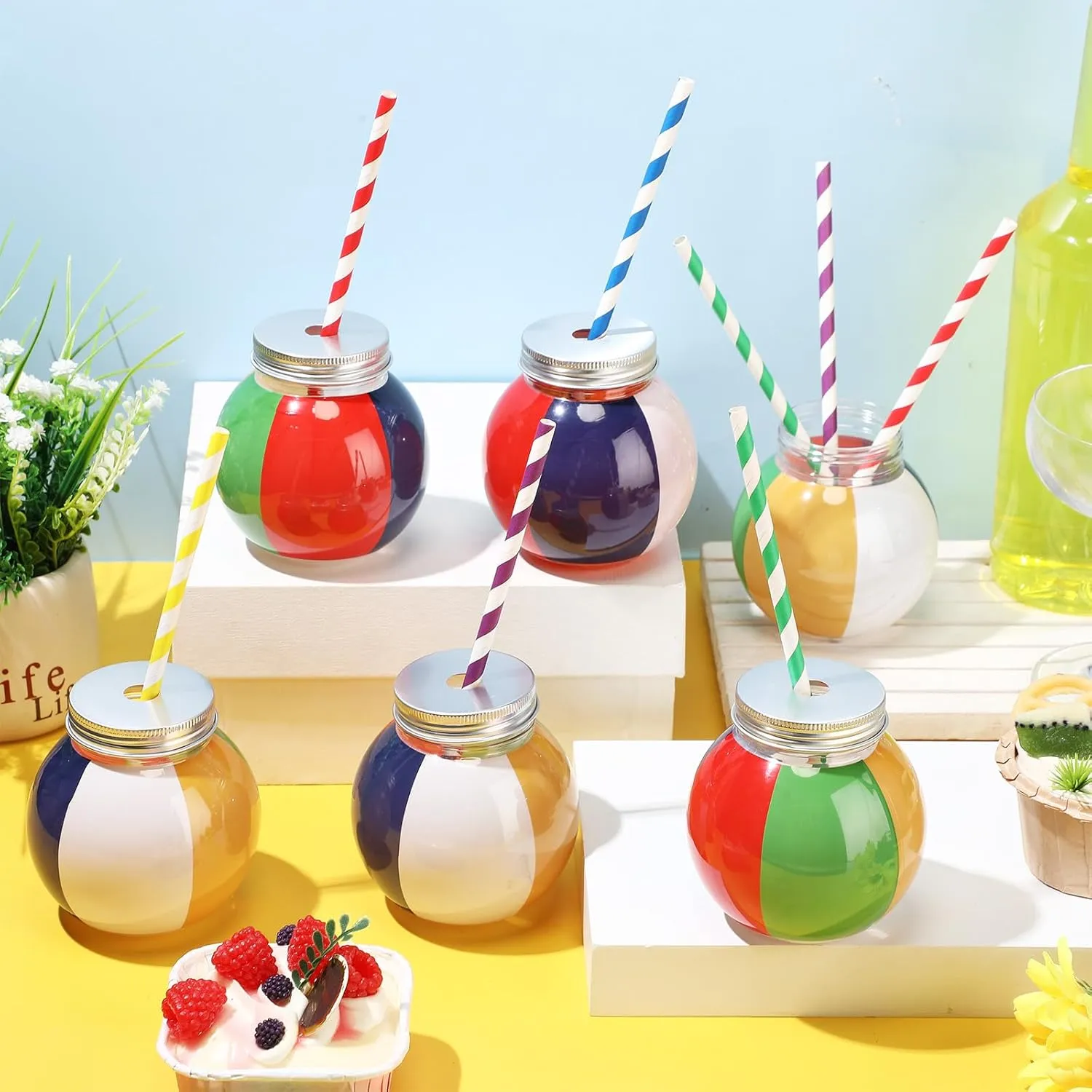 Baderke 12 Set Beach Ball Cups with Straws and Lids 10oz Plastic Beach Ball Shape Cups Bulk Sports Theme Bottle for Drink Birthday Sports Party Favors Decor Supplies