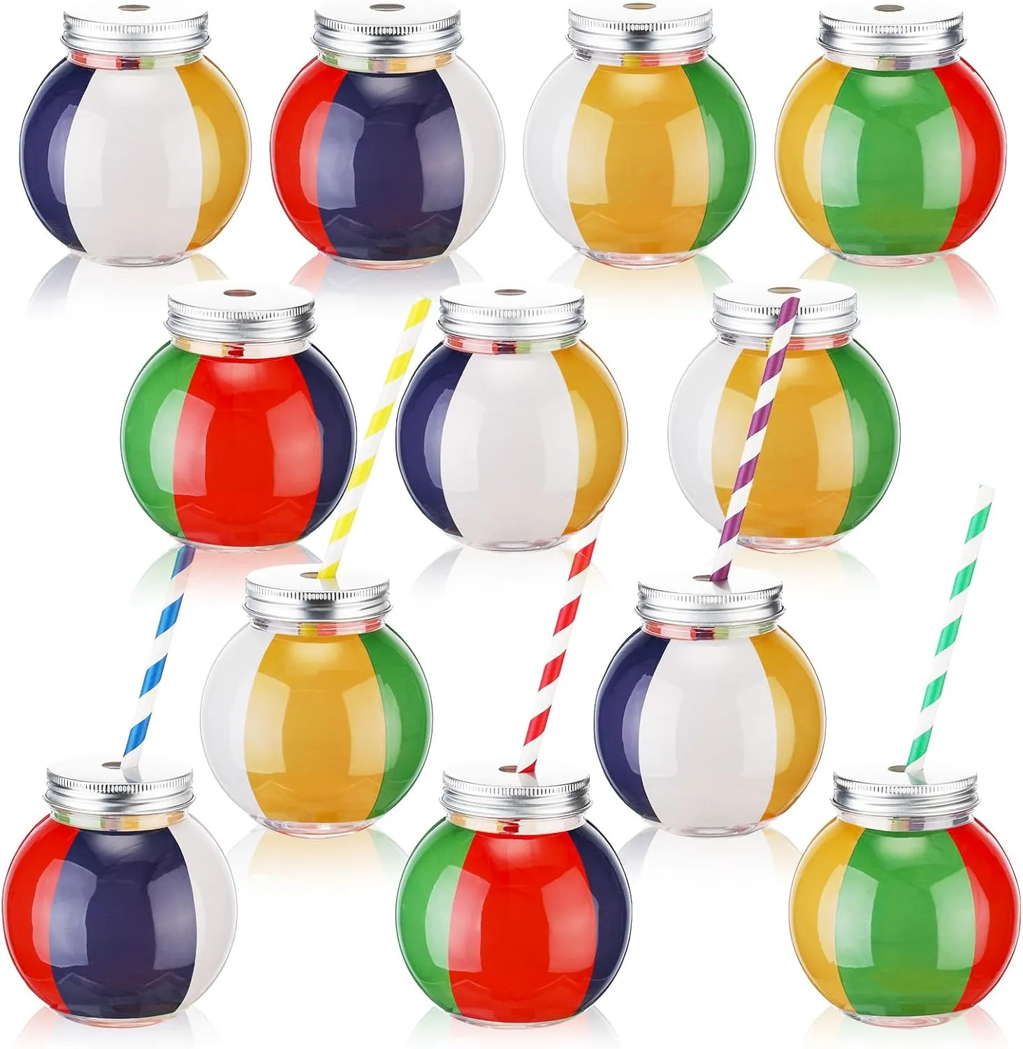 Baderke 12 Set Beach Ball Cups with Straws and Lids 10oz Plastic Beach Ball Shape Cups Bulk Sports Theme Bottle for Drink Birthday Sports Party Favors Decor Supplies