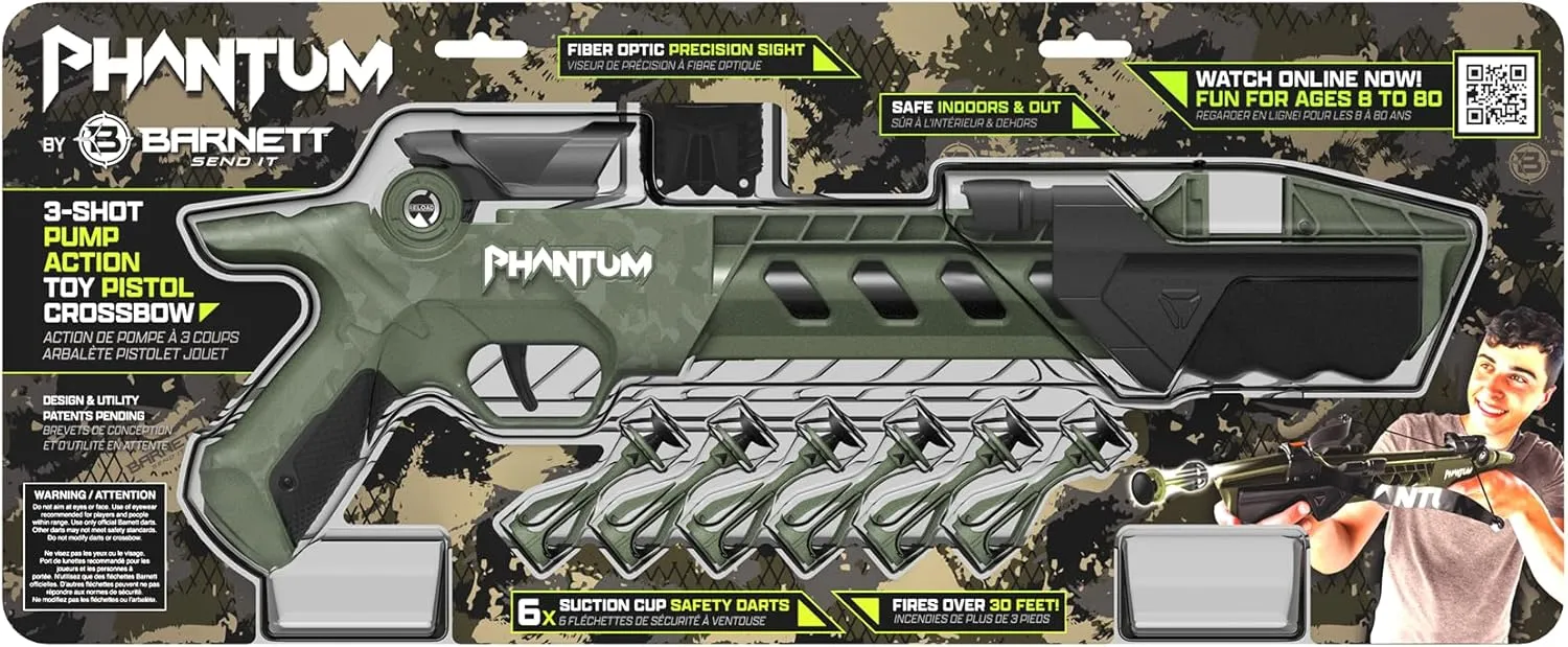BARNETT Phantum Series Suction Crossbow, Pump Action Suction Dart Crossbow Flies Over 30 Feet, Safe Indoors & Out, Ages 8 ,
