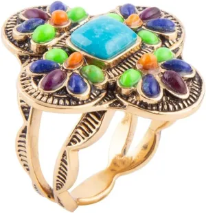 Barse Jewelry Zion Blue Turquoise Colorful Golden Cross Ring
