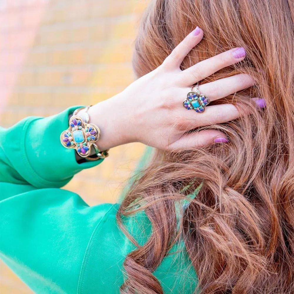 Barse Jewelry Zion Blue Turquoise Colorful Golden Cross Ring