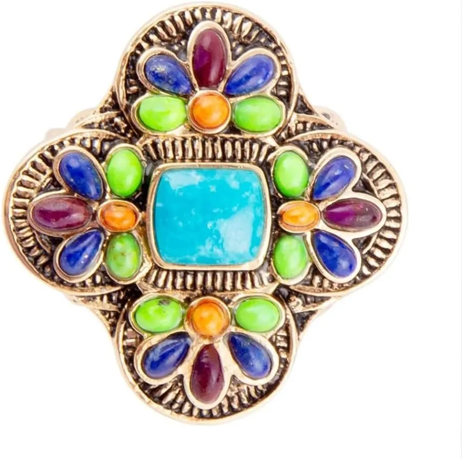 Barse Jewelry Zion Blue Turquoise Colorful Golden Cross Ring