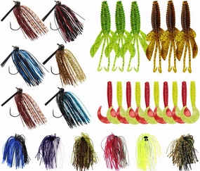 Bass Fishing Lures Kit Include Weedless Football Swim Jigs Bass Jigs, Silicone Jig Skirts, Craw Soft Plastic Worms Grub Bait Tackle Kit Fishing Lures for Bass Trout