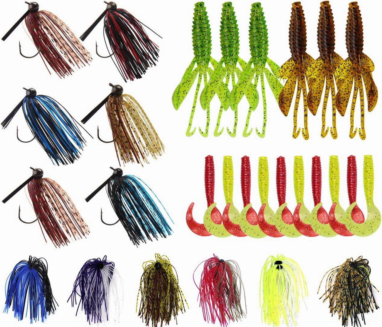 Bass Fishing Lures Kit Include Weedless Football Swim Jigs Bass Jigs, Silicone Jig Skirts, Craw Soft Plastic Worms Grub Bait Tackle Kit Fishing Lures for Bass Trout