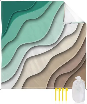 Beach Blanket, Art Abstract Gradient Striped Modern Ombre Green Sandproof Waterproof Outdoor Mat Quick Drying Beach Accessories for Vacation Holiday Picnic Camping, 79"x83" for 1-4 Adults