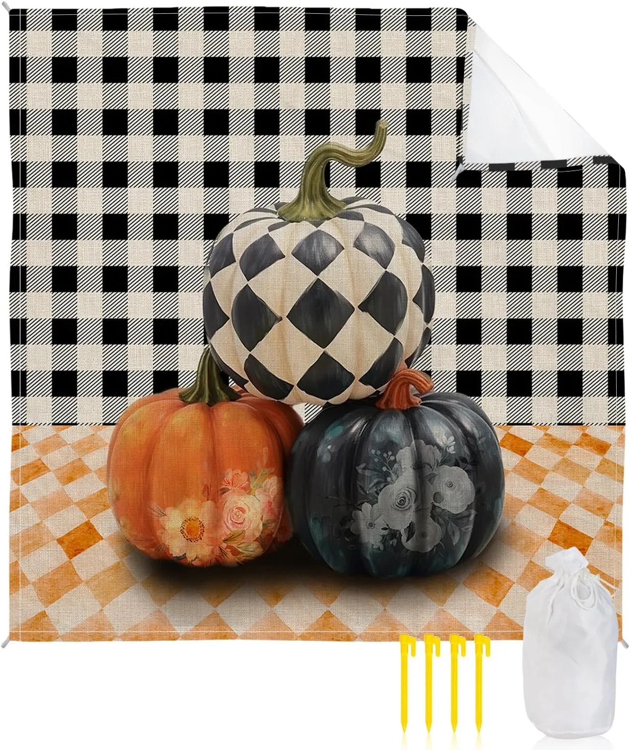 Beach Blanket, Black Plaid Orange Check Pumpkin Fall Thanksgiving Sandproof Waterproof Outdoor Mat Quick Drying Beach Accessories for Vacation Holiday Picnic Camping, 79"x83" for 1-4 Adults
