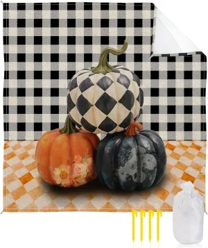 Beach Blanket, Black Plaid Orange Check Pumpkin Fall Thanksgiving Sandproof Waterproof Outdoor Mat Quick Drying Beach Accessories for Vacation Holiday Picnic Camping, 79"x83" for 1-4 Adults