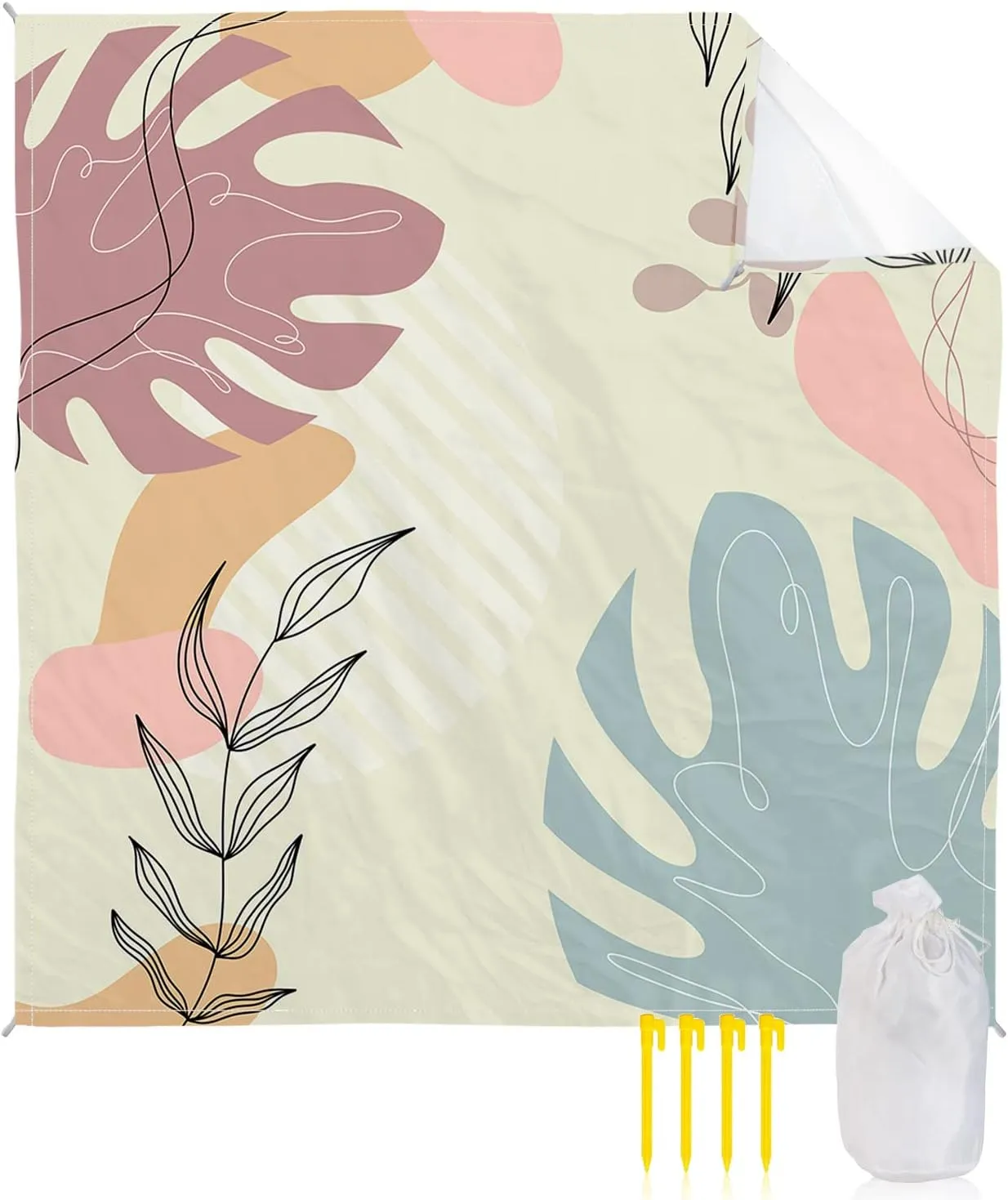 Beach Blanket, Bohemia Geometric Plant Sandproof Waterproof Outdoor Mat Quick Drying Beach Accessories for Vacation Holiday Picnic Camping, 79"x83" for 1-4 Adults