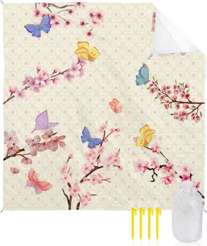 Beach Blanket, Butterfly Flower Plum Sandproof Waterproof Outdoor Mat Quick Drying Beach Accessories for Vacation Holiday Picnic Camping, 79"x83" for 1-4 Adults
