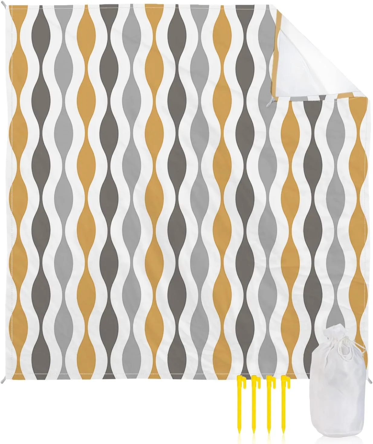 Beach Blanket, Geometric Yellow Grey Mid Century Printing Sandproof Waterproof Outdoor Mat Quick Drying Beach Accessories for Vacation Holiday Picnic Camping, 79"x83" for 1-4 Adults