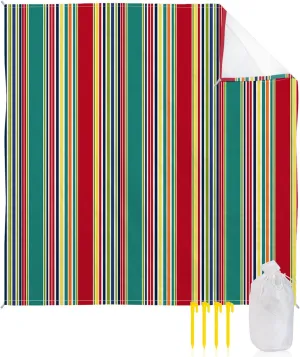 Beach Blanket, Red Green Yellow Colorful Stripe Sandproof Waterproof Outdoor Mat Quick Drying Beach Accessories for Vacation Holiday Picnic Camping, 79"x83" for 1-4 Adults