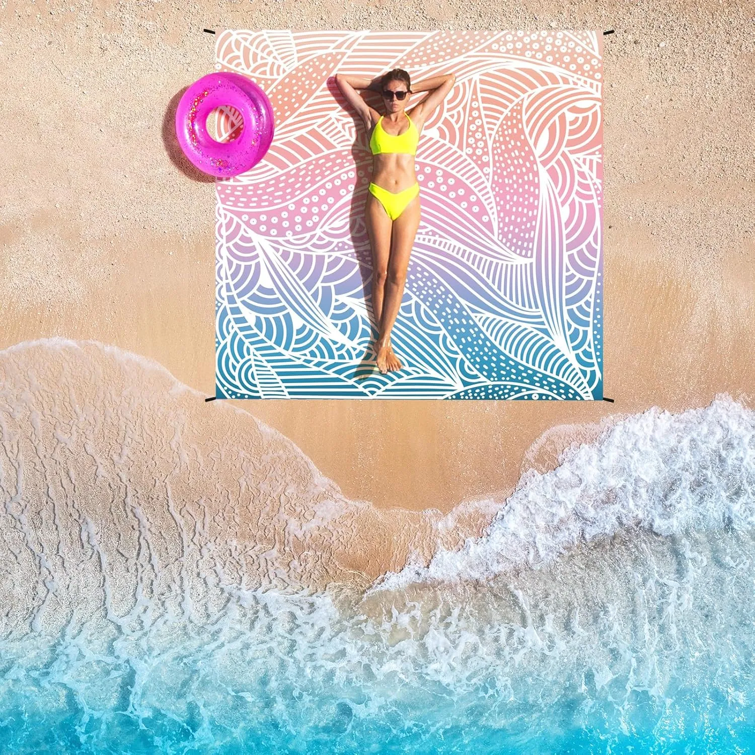 Beach Blanket Waterproof Sandproof Beach Mat for 1-8 Adults Quick Drying Durable Outdoor Picnic Mat for Beach Festival Travel Camping Hiking (Gradiant-Ripple, 79"×108"(6 Person))