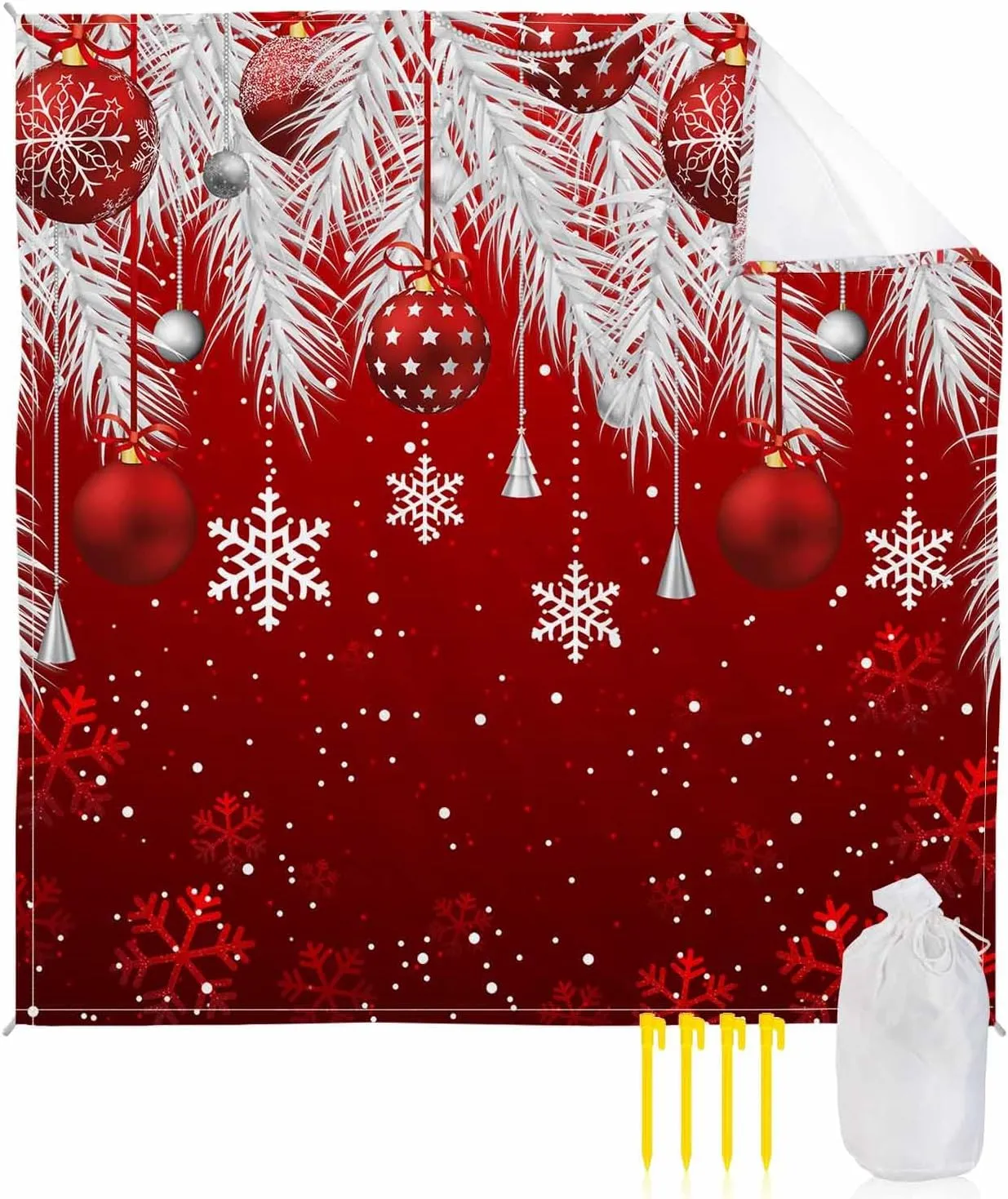 Beach Blanket, White Pine Needles Red Xmas Balls Snowflake Sandproof Waterproof Outdoor Mat Quick Drying Beach Accessories for Vacation Holiday Picnic Camping, 79"x83" for 1-4 Adults